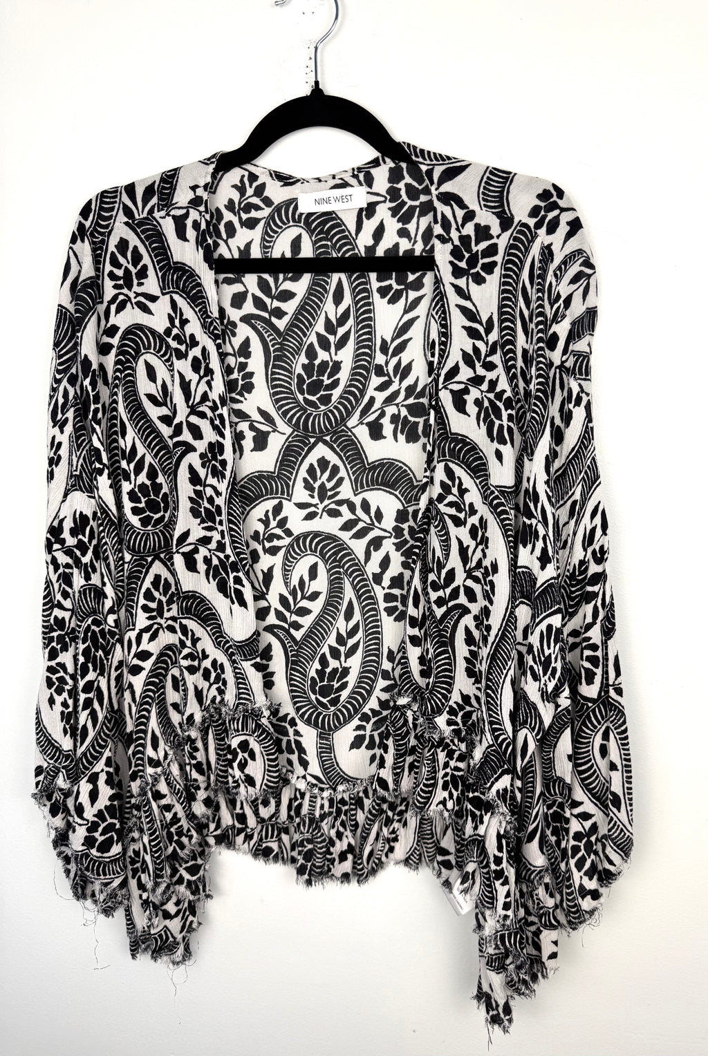 front of Nine West Paisley Kimono Cardigan | Boho Layering Piece | Resort Wear Cover Up at Blue Sparrow Shop on hanger