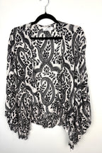 front of Nine West Paisley Kimono Cardigan | Boho Layering Piece | Resort Wear Cover Up at Blue Sparrow Shop on hanger