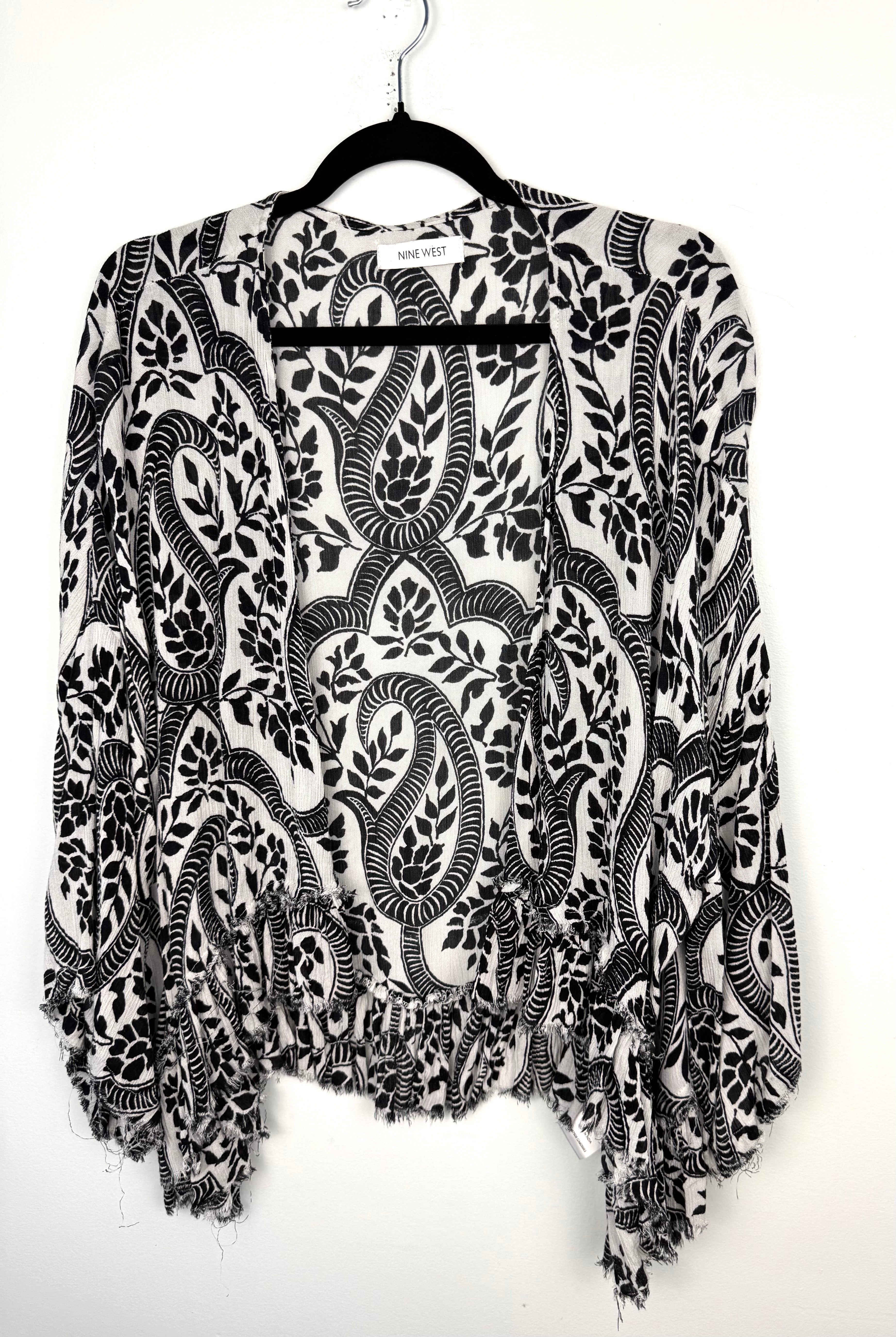 front of Nine West Paisley Kimono Cardigan | Boho Layering Piece | Resort Wear Cover Up at Blue Sparrow Shop on hanger