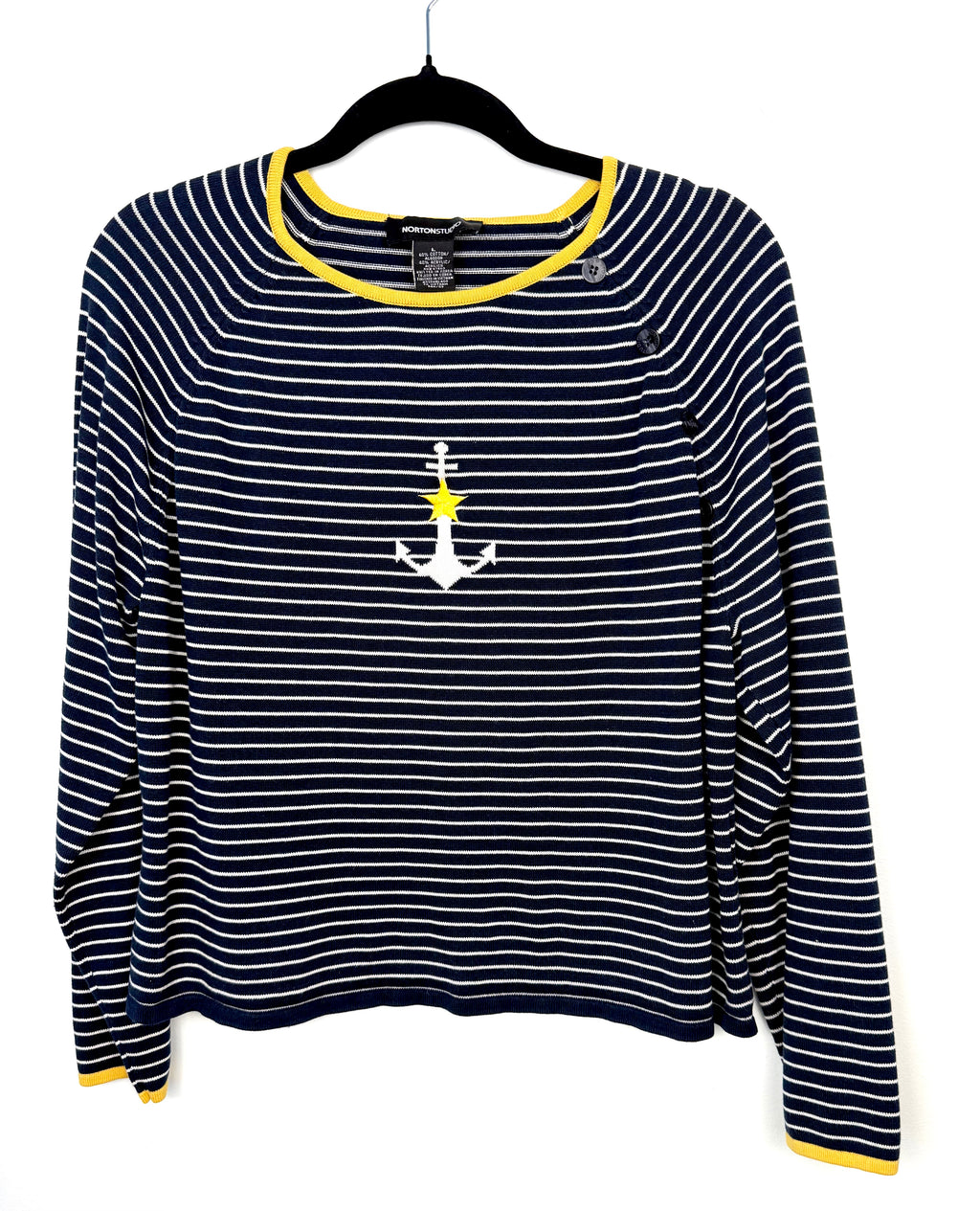 Norton Studio women’s navy and white Breton striped sweater with anchor graphic size large. on hanger 