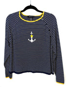 Norton Studio women’s navy and white Breton striped sweater with anchor graphic size large. on hanger 