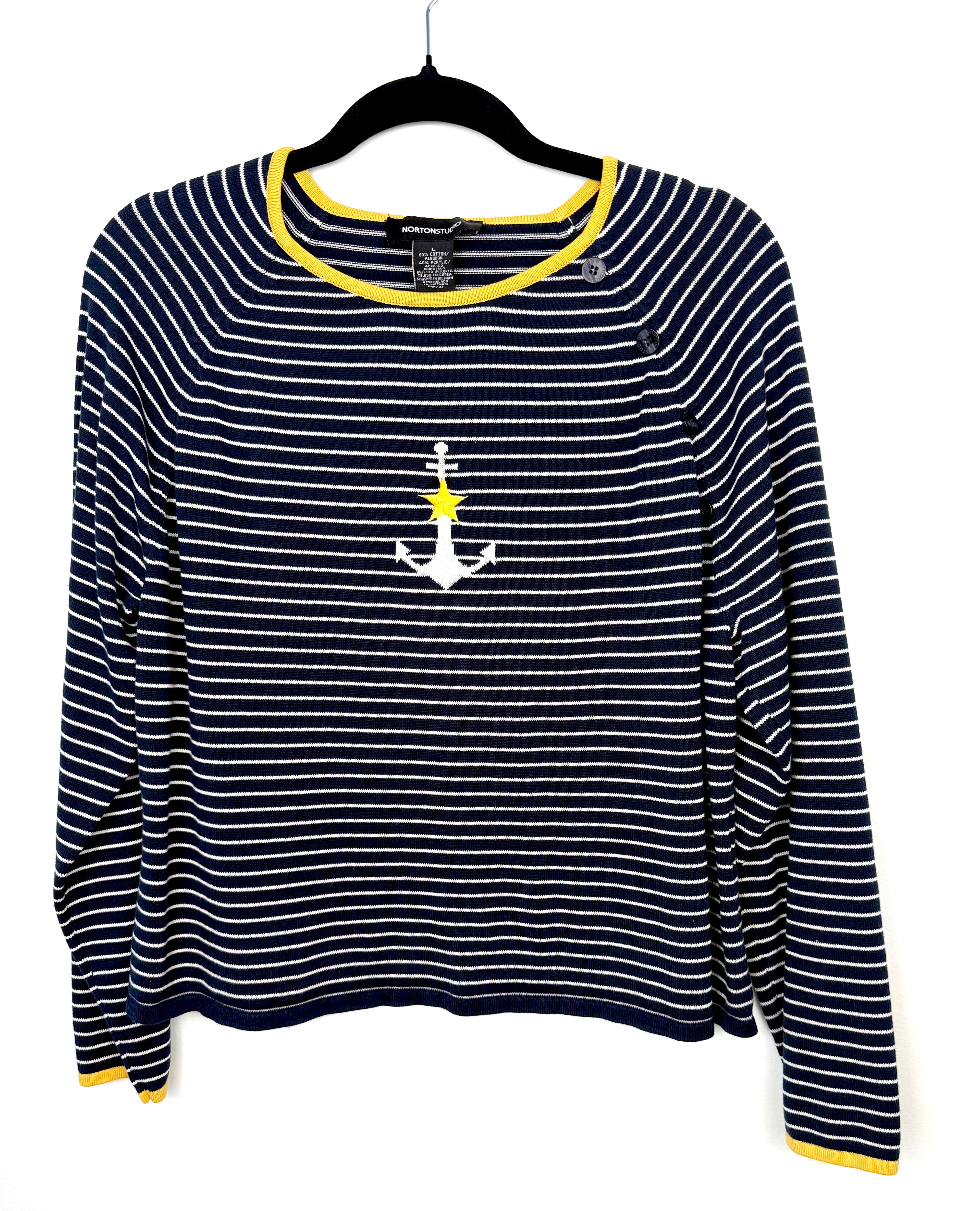 Norton Studio women’s navy and white Breton striped sweater with anchor graphic size large. on hanger 