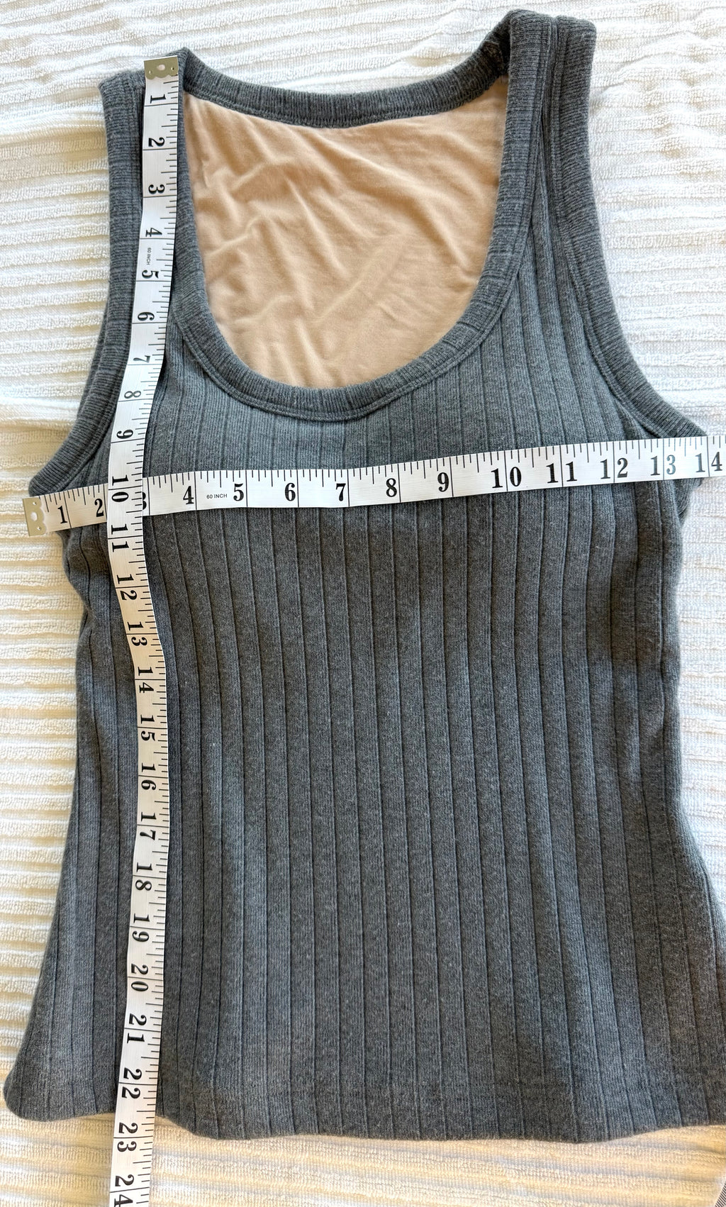 OGL Brami Ribbed Tank with Built in Bra | Size S at Blue Sparrow Shop measuring 28" bust relaxed and 22" shoulder to hem 