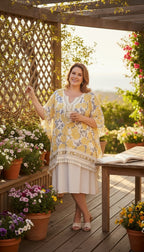 OWN IT Made in Italy Boho Kaftan | One Size on woman standing in garden 