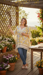 OWN IT Made in Italy Boho Kaftan | One Size on woman standing in garden in jeans 