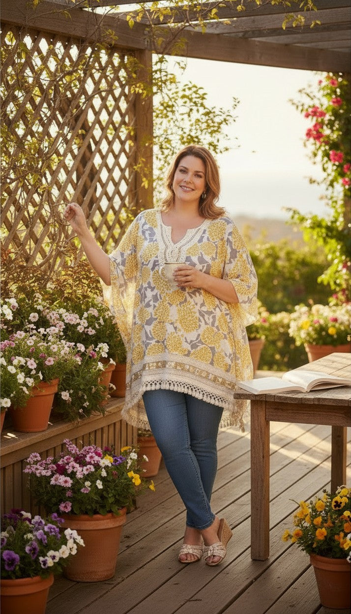 OWN IT Made in Italy Boho Kaftan | One Size on woman standing in garden in jeans 