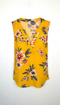 Old Navy Floral Sleeveless V-Neck Blouse — Golden Yellow | Coral and Navy Print | Size L at Blue Sparrow Shop