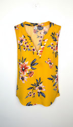 Old Navy Floral Sleeveless V-Neck Blouse — Golden Yellow | Coral and Navy Print | Size L at Blue Sparrow Shop
