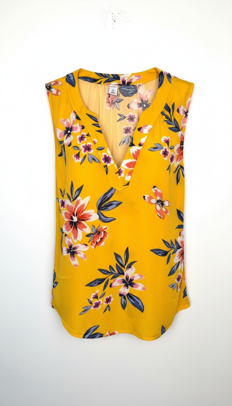 Old Navy Floral Sleeveless V-Neck Blouse — Golden Yellow | Coral and Navy Print | Size L at Blue Sparrow Shop