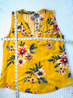 Old Navy Floral Sleeveless V-Neck Blouse — Golden Yellow | Coral and Navy Print | Size L at Blue Sparrow Shop measuring 40" bust and 25" shoulder to hem 