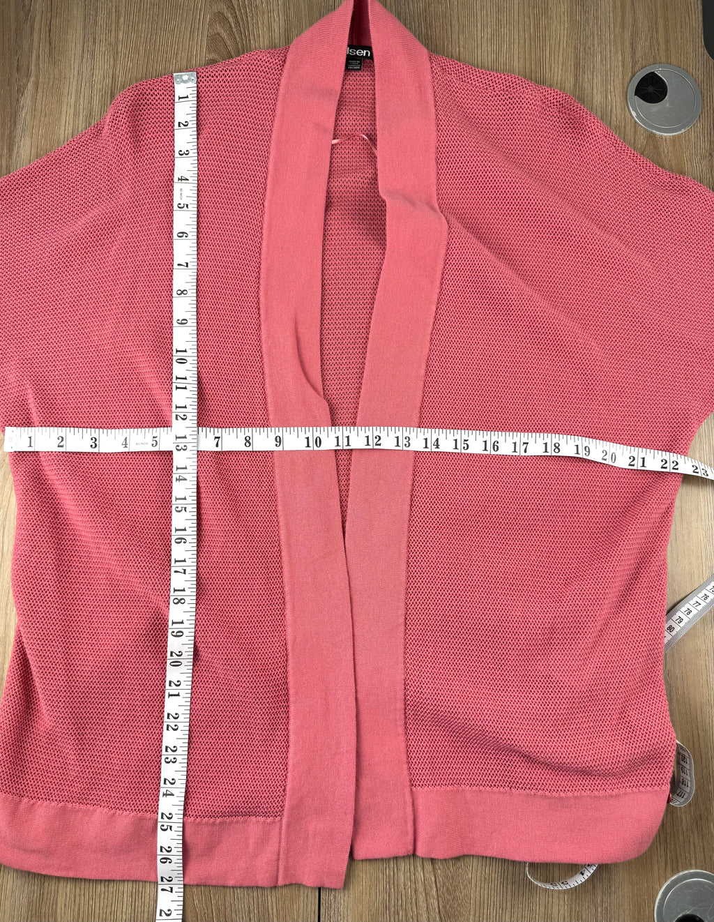 Olsen 100% Cotton Open Mesh Knit Cardigan at Blue Sparrow Shop measuring 44" bust and 27" shoulder to hem 