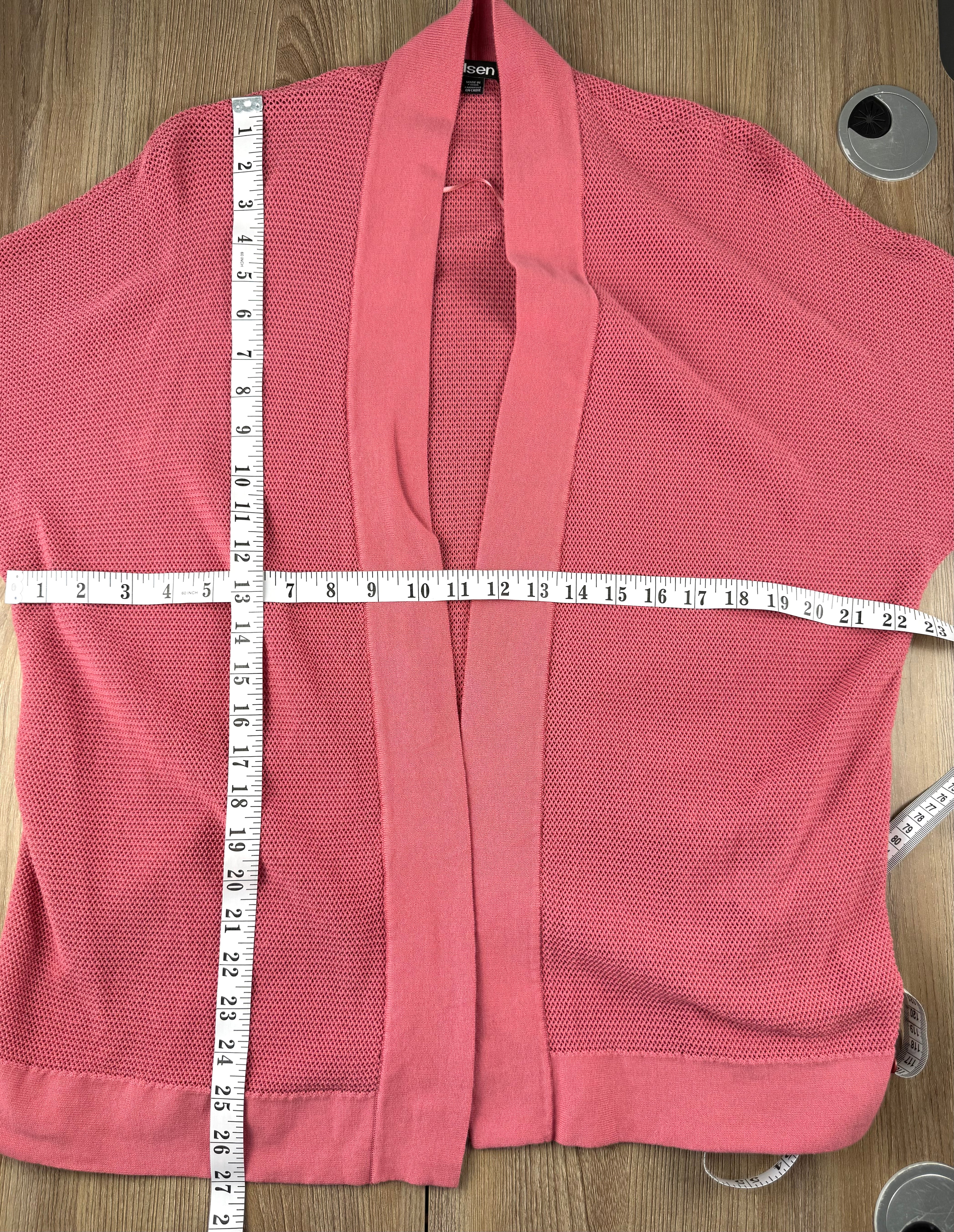 Olsen 100% Cotton Open Mesh Knit Cardigan at Blue Sparrow Shop measuring 44" bust and 27" shoulder to hem 