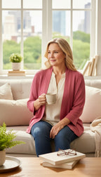 Olsen 100% Cotton Open Mesh Knit Cardigan at Blue Sparrow Shop on woman sitting on edge of couch  with coffee