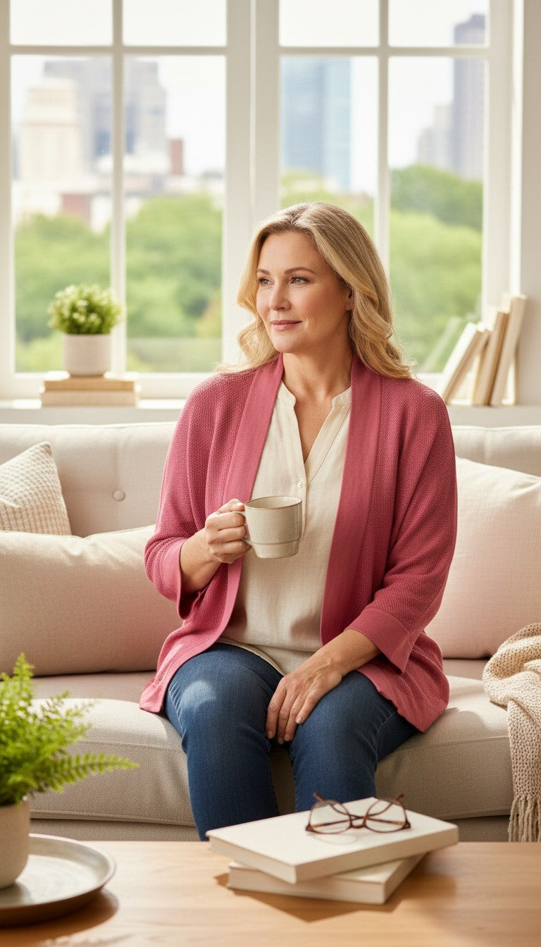 Olsen 100% Cotton Open Mesh Knit Cardigan at Blue Sparrow Shop on woman sitting on edge of couch  with coffee