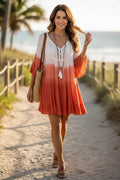Ombre Boho Tunic Dress - 100% Rayon with Crochet Detail Size Medium at Blue Sparrow Shop on woman walking along shoreline