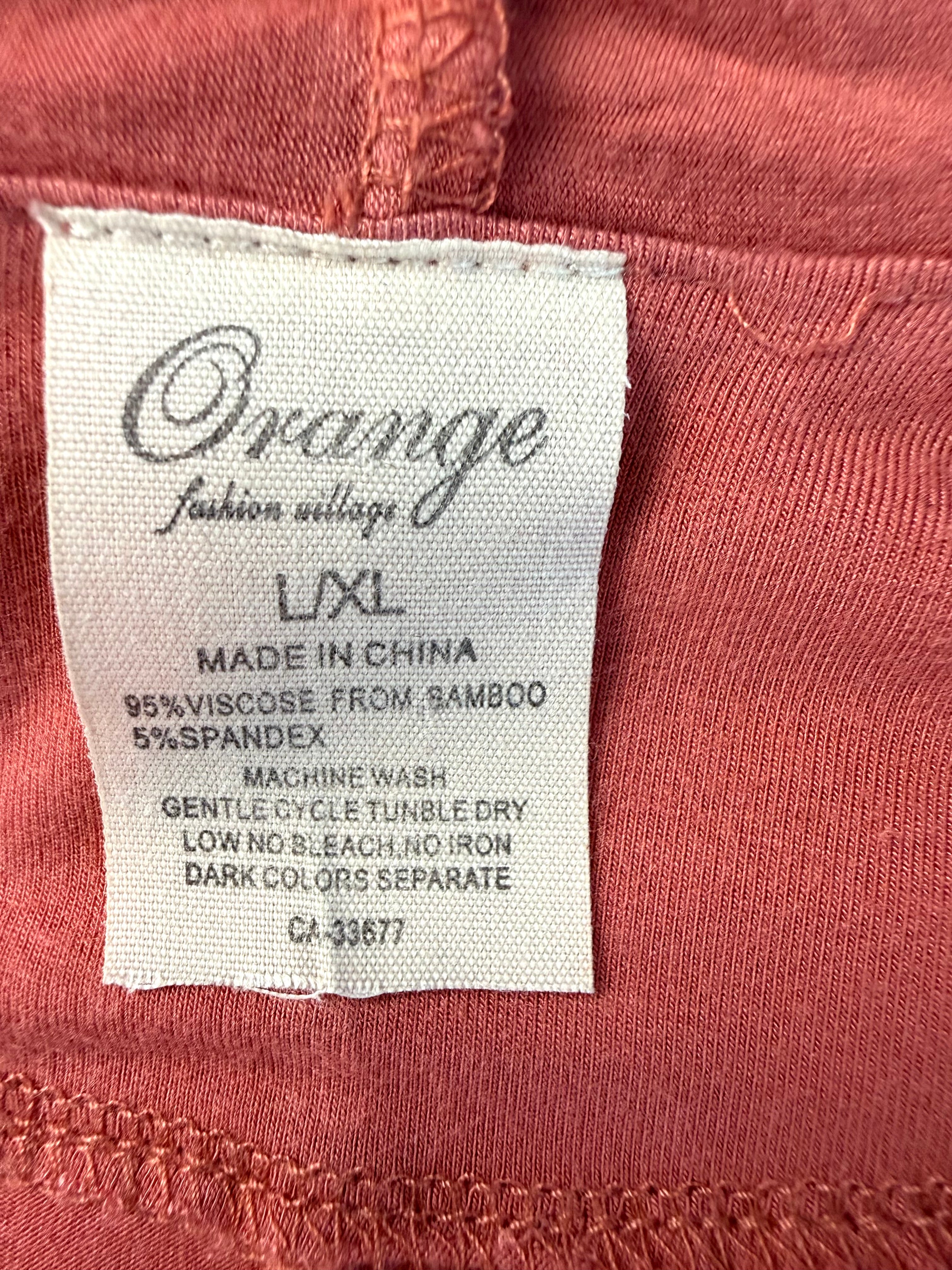 inside label on Orange Fashion Village terracotta rust bamboo viscose open-front duster cardigan size L/XL — Blue Sparrow sustainable pre-loved fashion