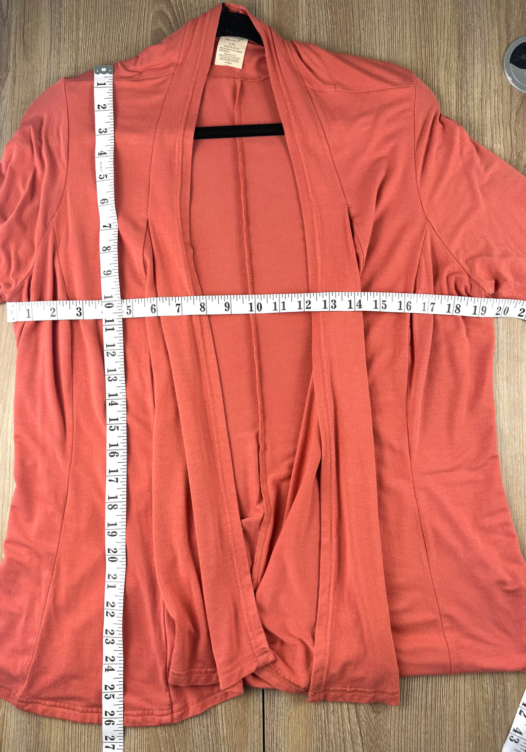 Orange Fashion Village terracotta rust bamboo viscose open-front duster cardigan size L/XL — Blue Sparrow sustainable pre-loved fashion measuring 40" bust and 26" shoulder to hem 