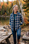  Orvis 100% Cotton Plaid Shacket | Mens M on woman outside by a creek