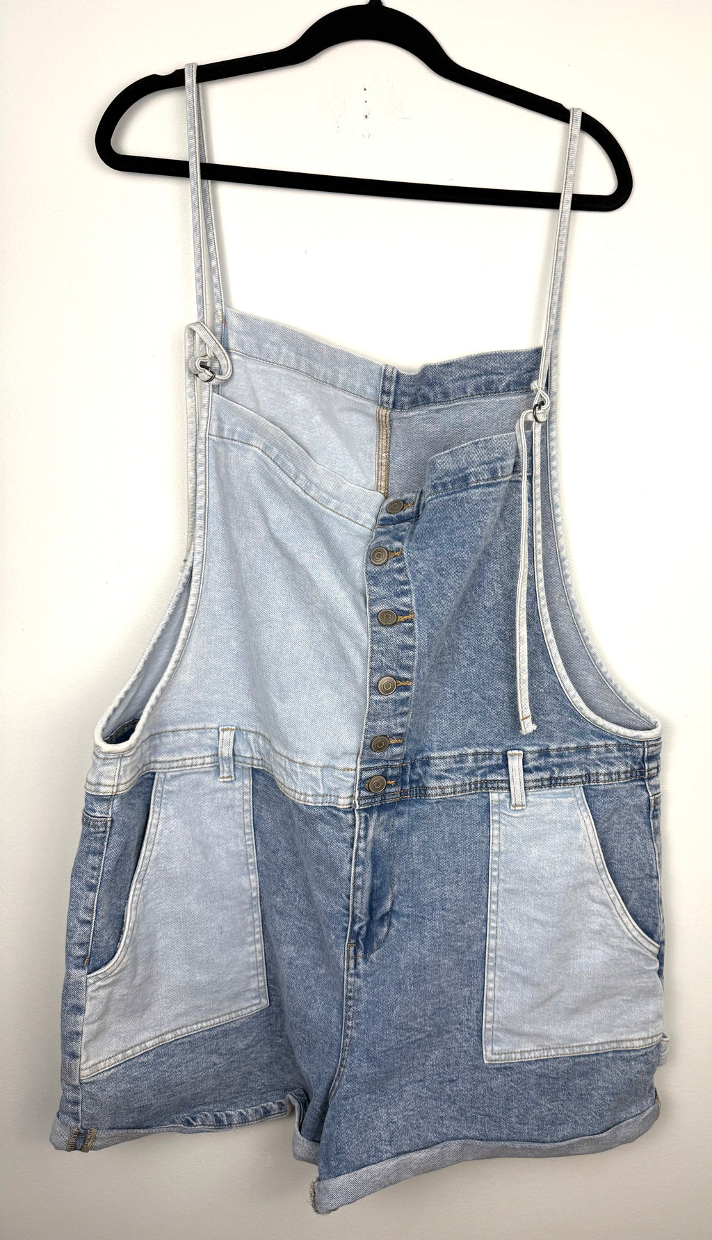 Oversized Celebrity Pink Patchwork Denim Shortalls  on hanger