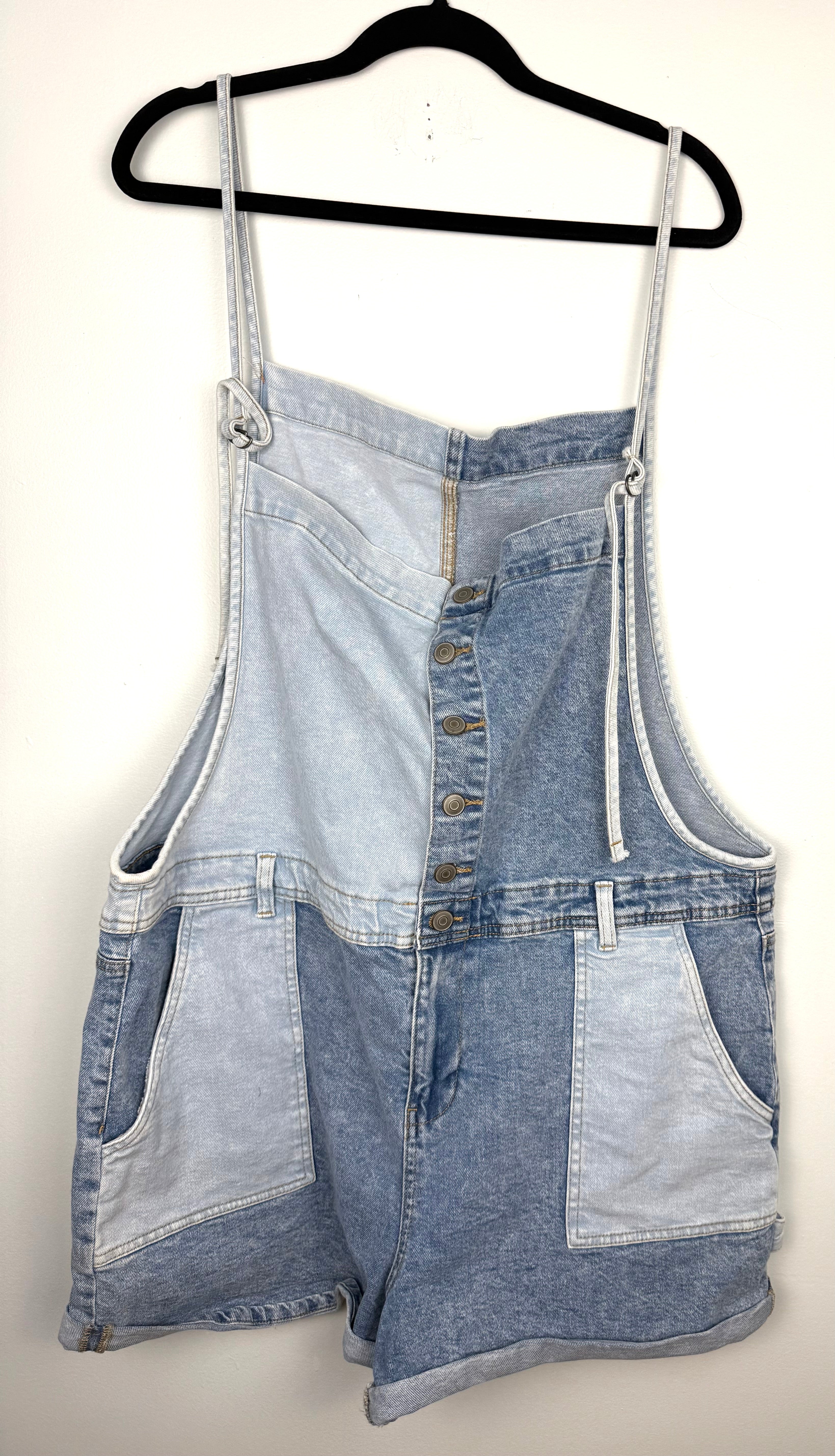 Oversized Celebrity Pink Patchwork Denim Shortalls  on hanger