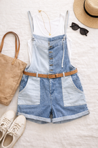 Oversized Celebrity Pink Patchwork Denim Shortalls | Size XL at Blue Sparrow Shop flatlay with belt, hat, bag, shoes