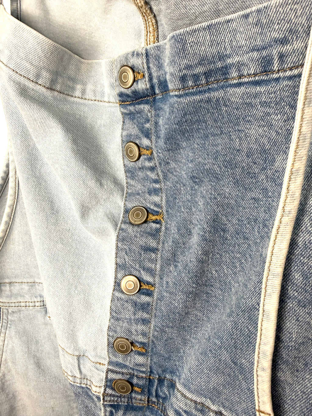 Oversized Celebrity Pink Patchwork Denim Shortalls  button front detail 