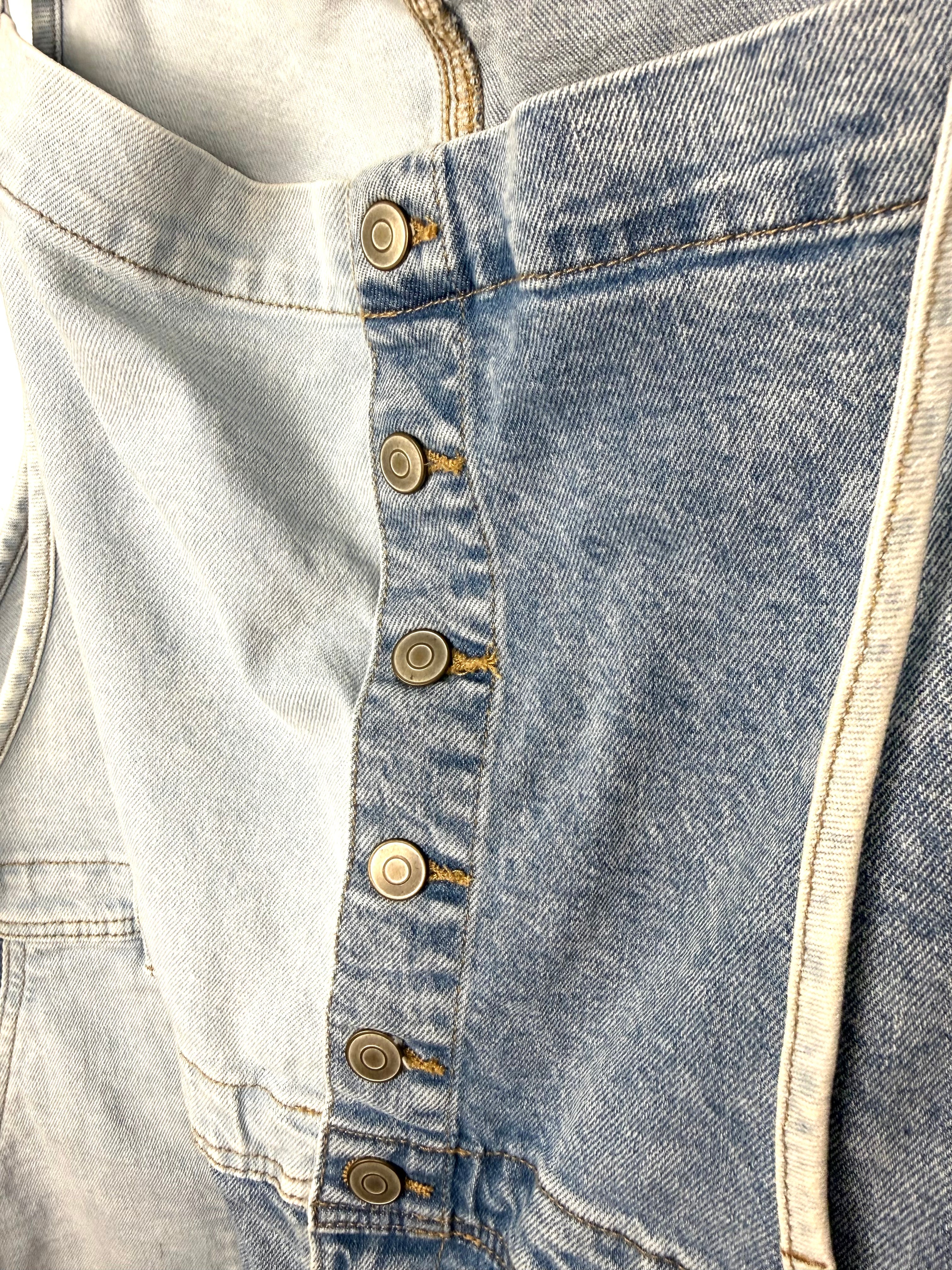 Oversized Celebrity Pink Patchwork Denim Shortalls  button front detail 