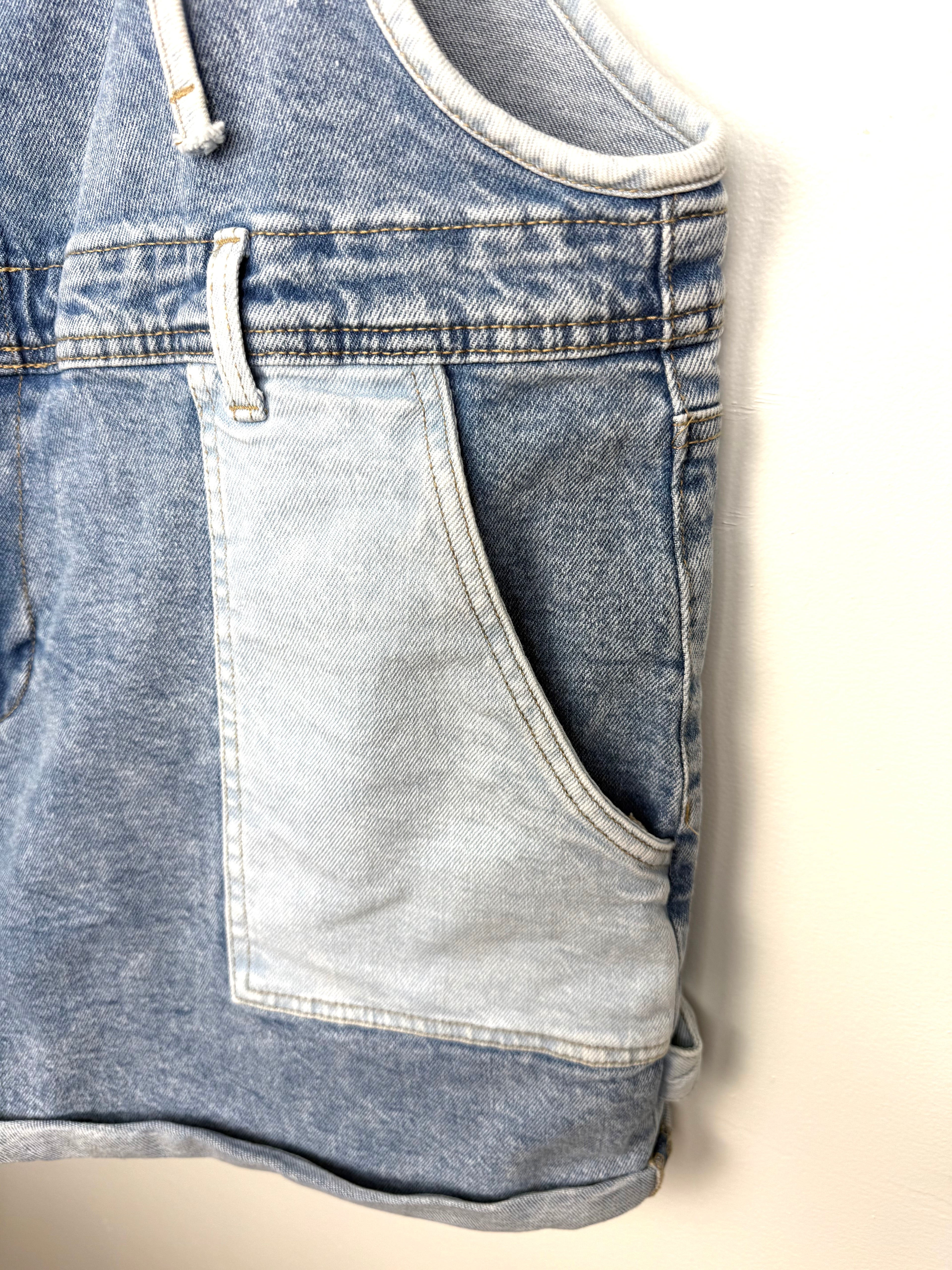 Oversized Celebrity Pink Patchwork Denim Shortalls  front pocket detail 
