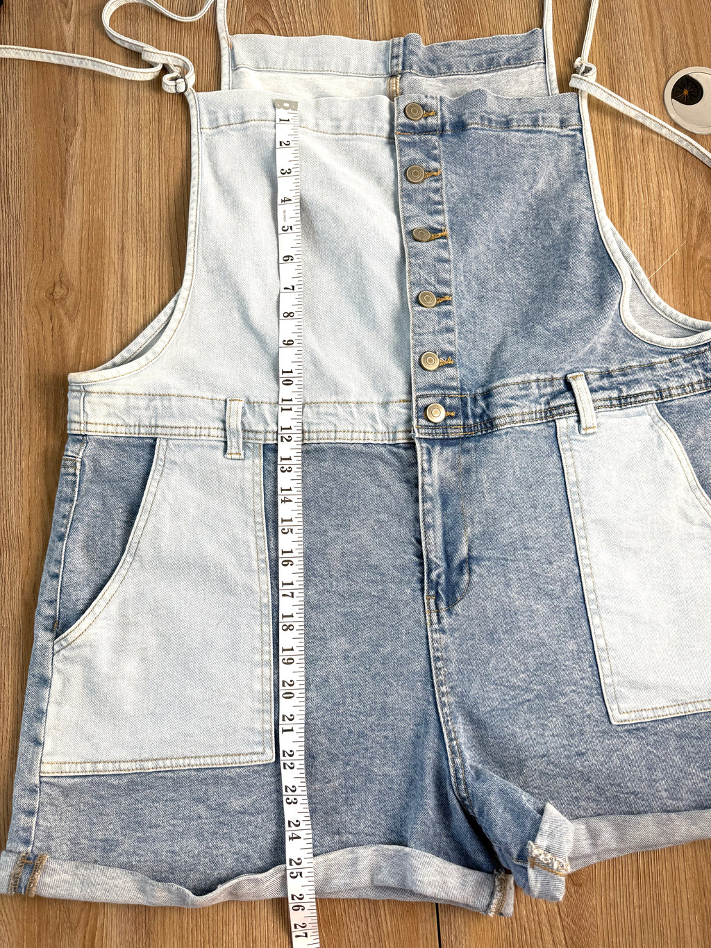 Oversized Celebrity Pink Patchwork Denim Shortalls  measuring 26" bib to bottom of shorts