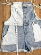 Oversized Celebrity Pink Patchwork Denim Shortalls  measuring 26" bib to bottom of shorts
