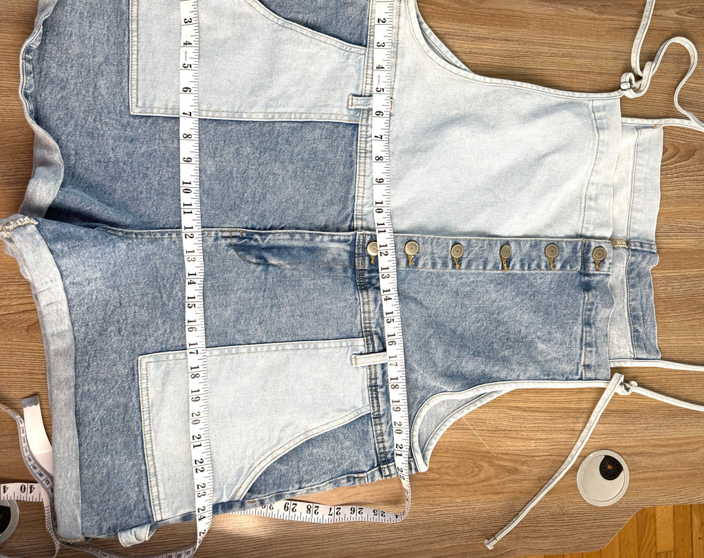 Oversized Celebrity Pink Patchwork Denim Shortalls  measuring 44" waist and 48" hips 