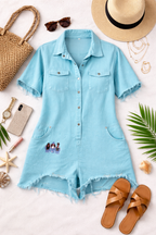 Oversized Denim Romper | Jumpsuit | Size XL at Blue Sparrow Shop flatlay with sandals, hat, phone, purse