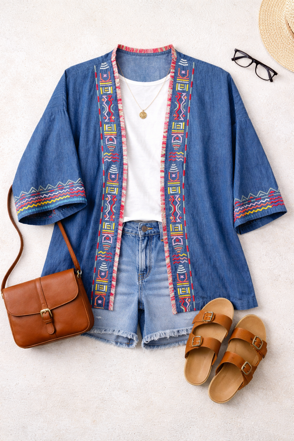 Oversized Denim Kimono | Size XL |  Plus Size 18 at Blue Sparrow Shop flatlay with shoes and purse