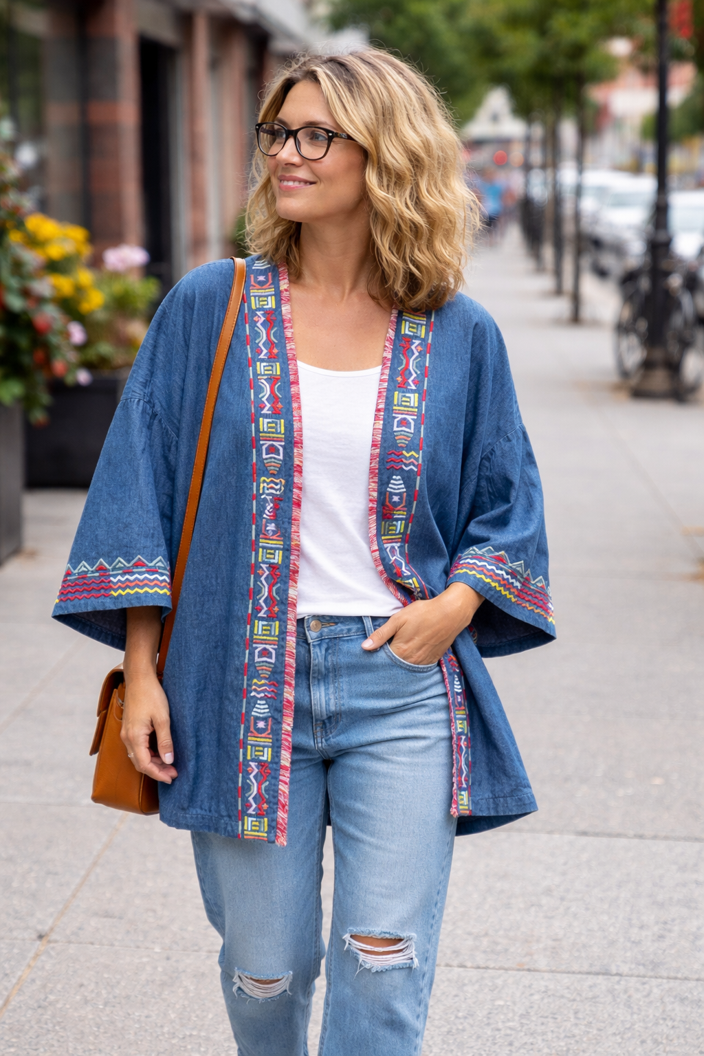 Oversized Denim Kimono | Size XL |  Plus Size 18 at Blue Sparrow Shop on woman walking outside