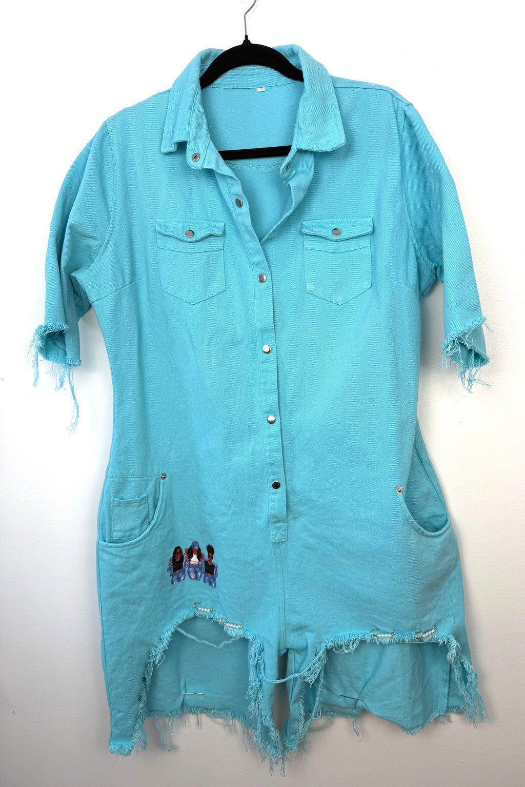 Oversized Turquoise denim romper  on hanger