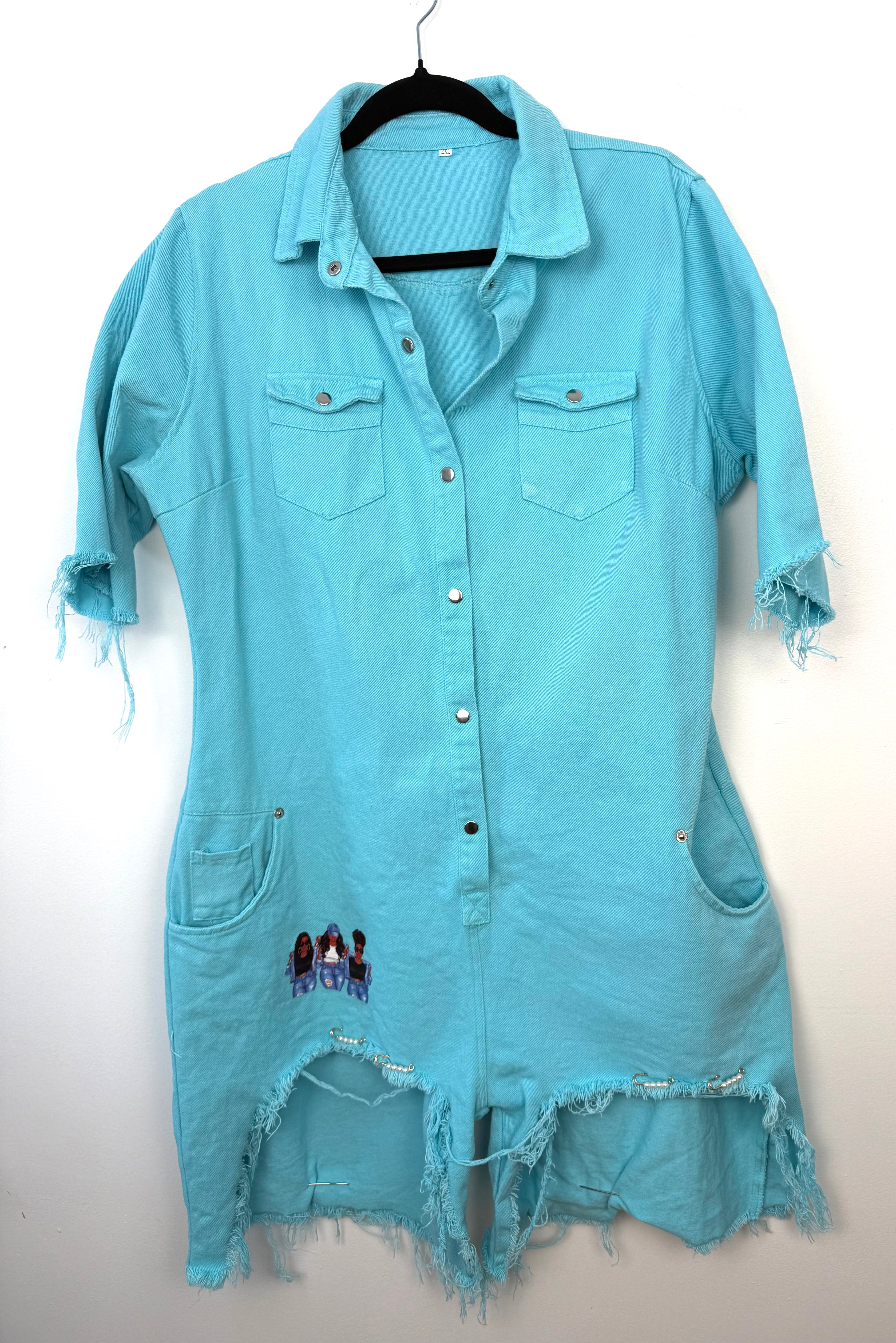 Oversized Turquoise denim romper  on hanger