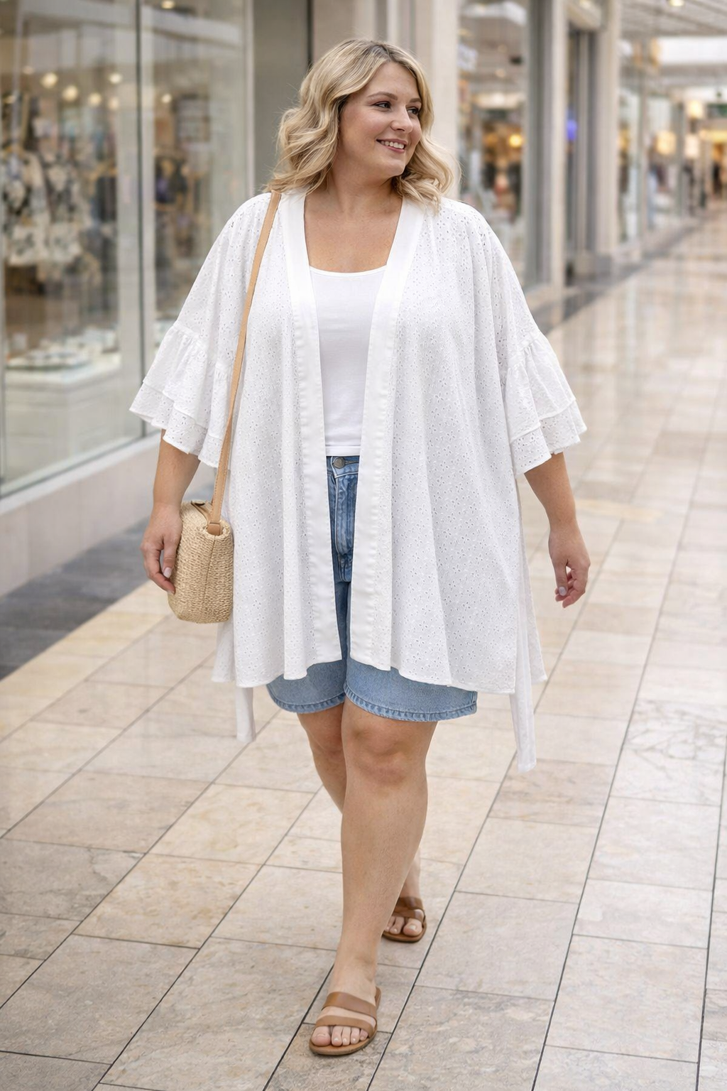 Oversized White Eyelet Kimono | Size 4X at Blue Sparrow Shop on woman walking in mall