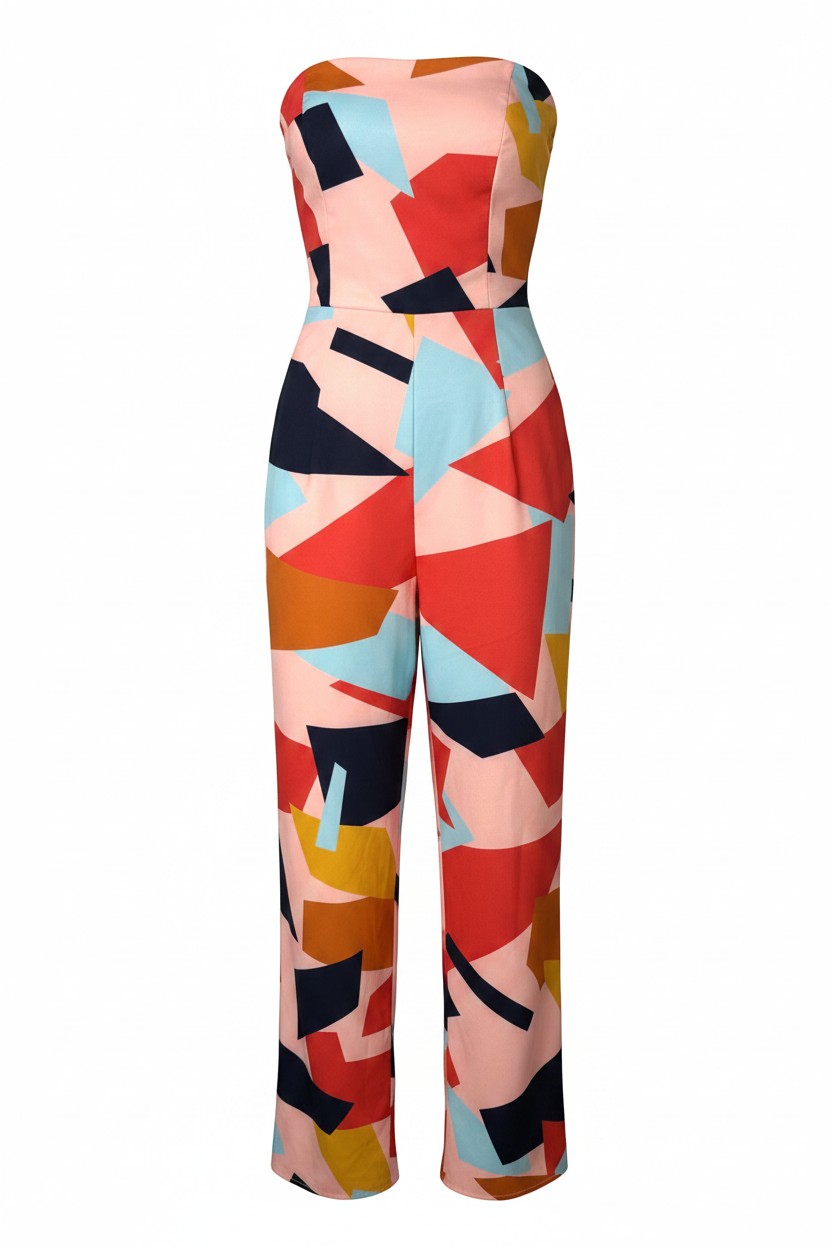 PAPILLON Geometric Print Strapless Jumpsuit at Blue Sparrow Shop on white background