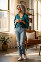  PRIMARK Jacquard Twist Front Crop Top | Size S at Blue Sparrow SHop on woman drinking coffee near window 