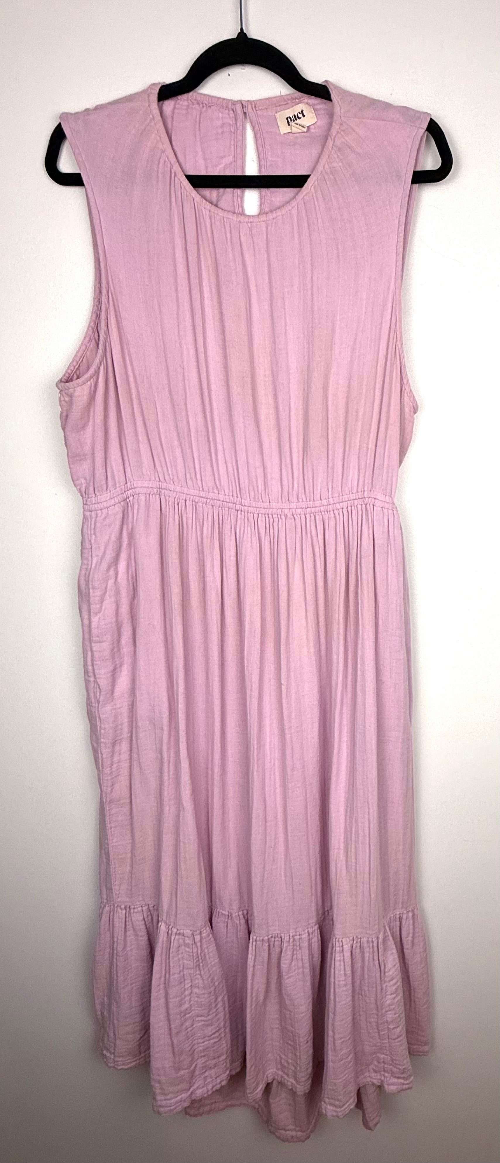 Pact 100% organic cotton tiered midi dress on hanger