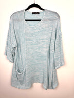 Pale Blue Sympli Knit Tunic Top with front pocket detail on hanger