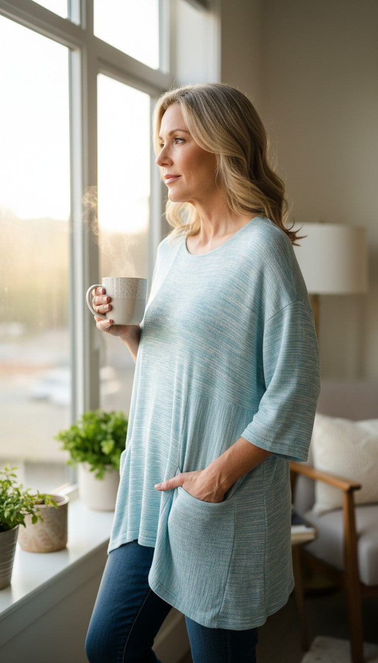 Pale_Blue_Sympli_Knit_Tunic_Top_with_front_pocket_detail_at Blue Sparrow Shop on woman looking out window