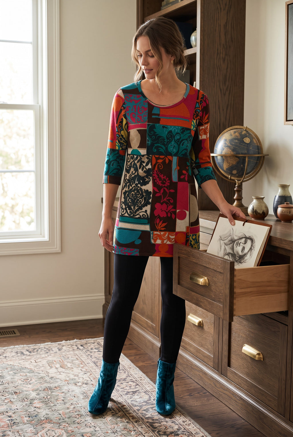 Papillion Tunic Sweater Dress | Size M on ai woman reaching for something in a drawer 