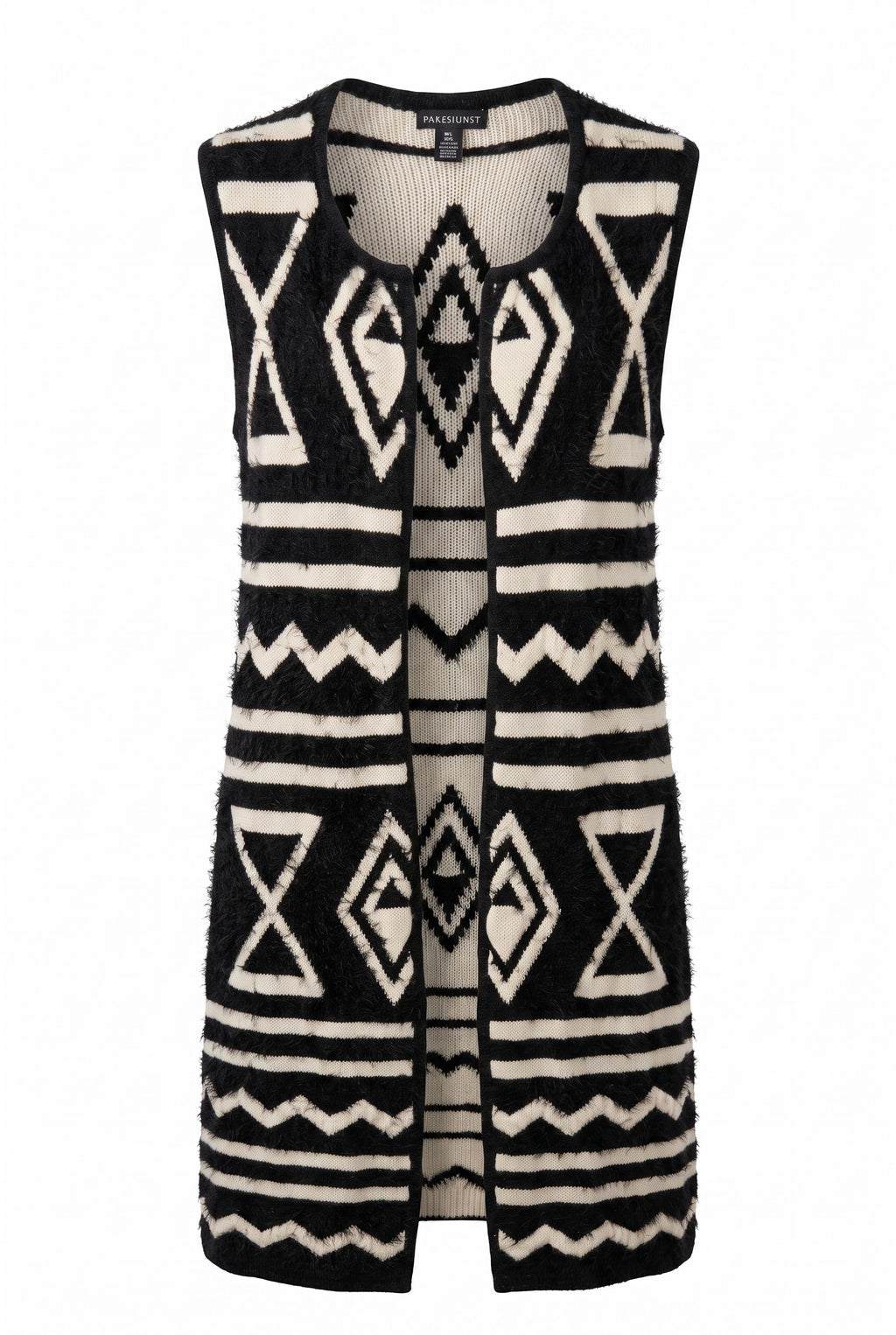 Parkhurst Long Black & Cream Geometric Knit Vest | Size M/L on white background