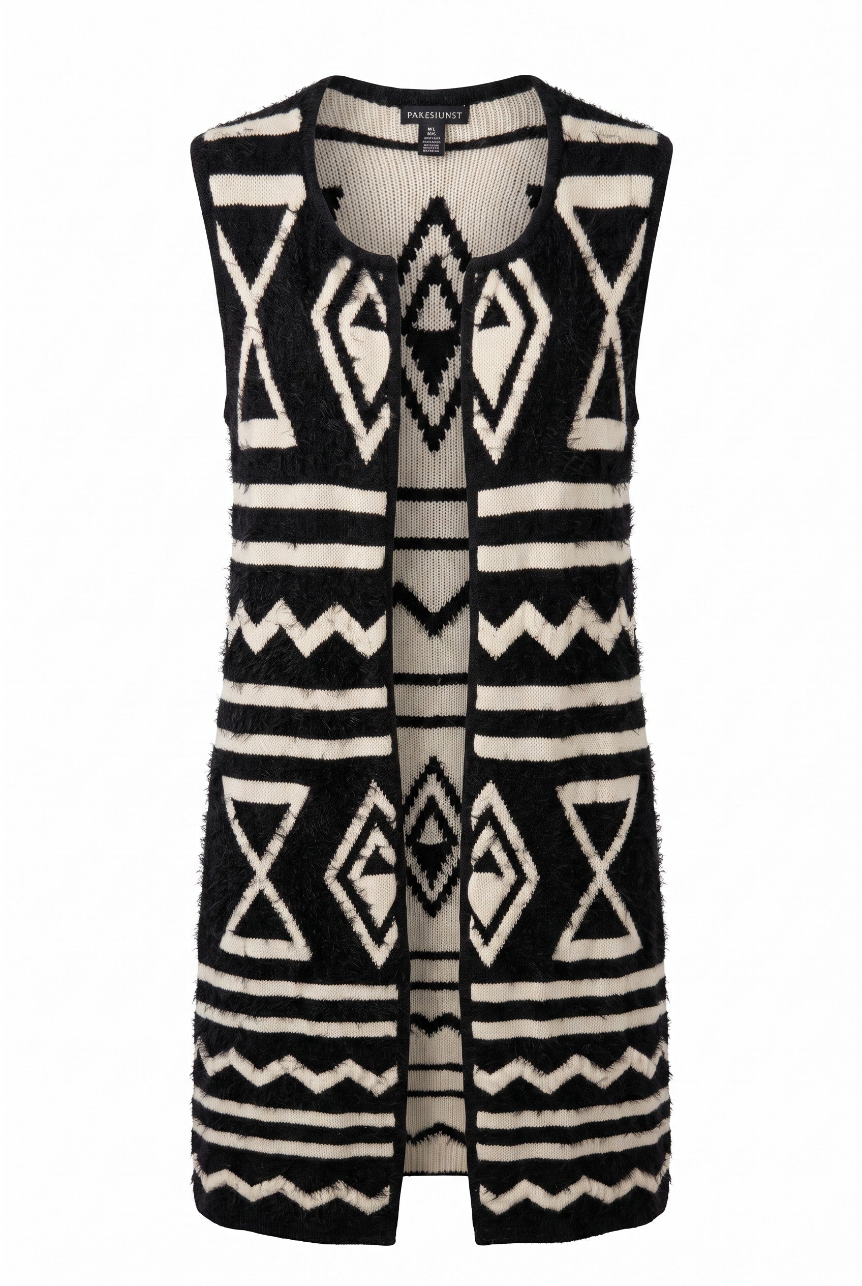 Parkhurst Long Black & Cream Geometric Knit Vest | Size M/L on white background