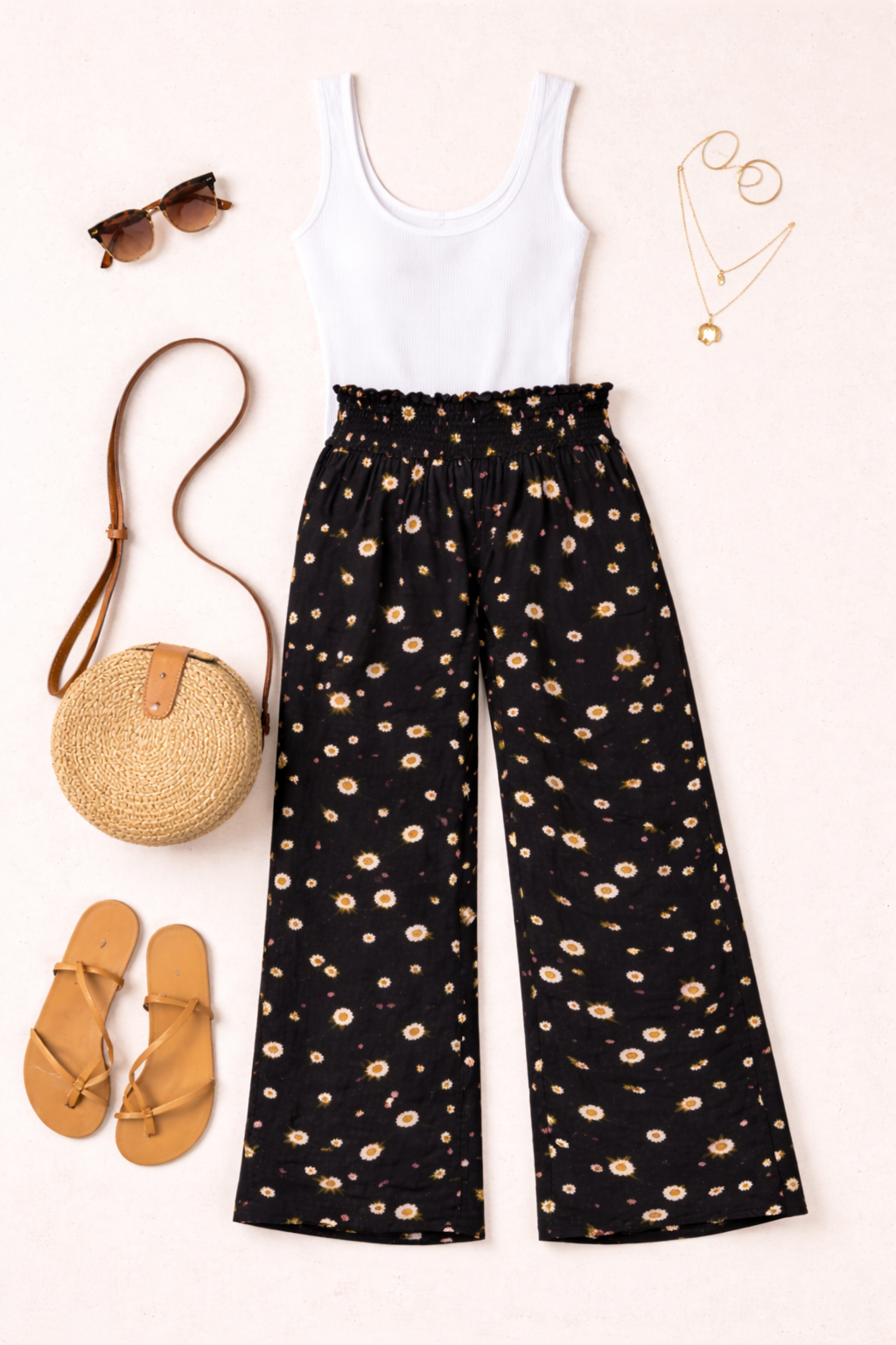 Patron of Peace Boho Pants | Size M at Blue Sparrow Shop on flatlay with bag, sandals, sunglasses