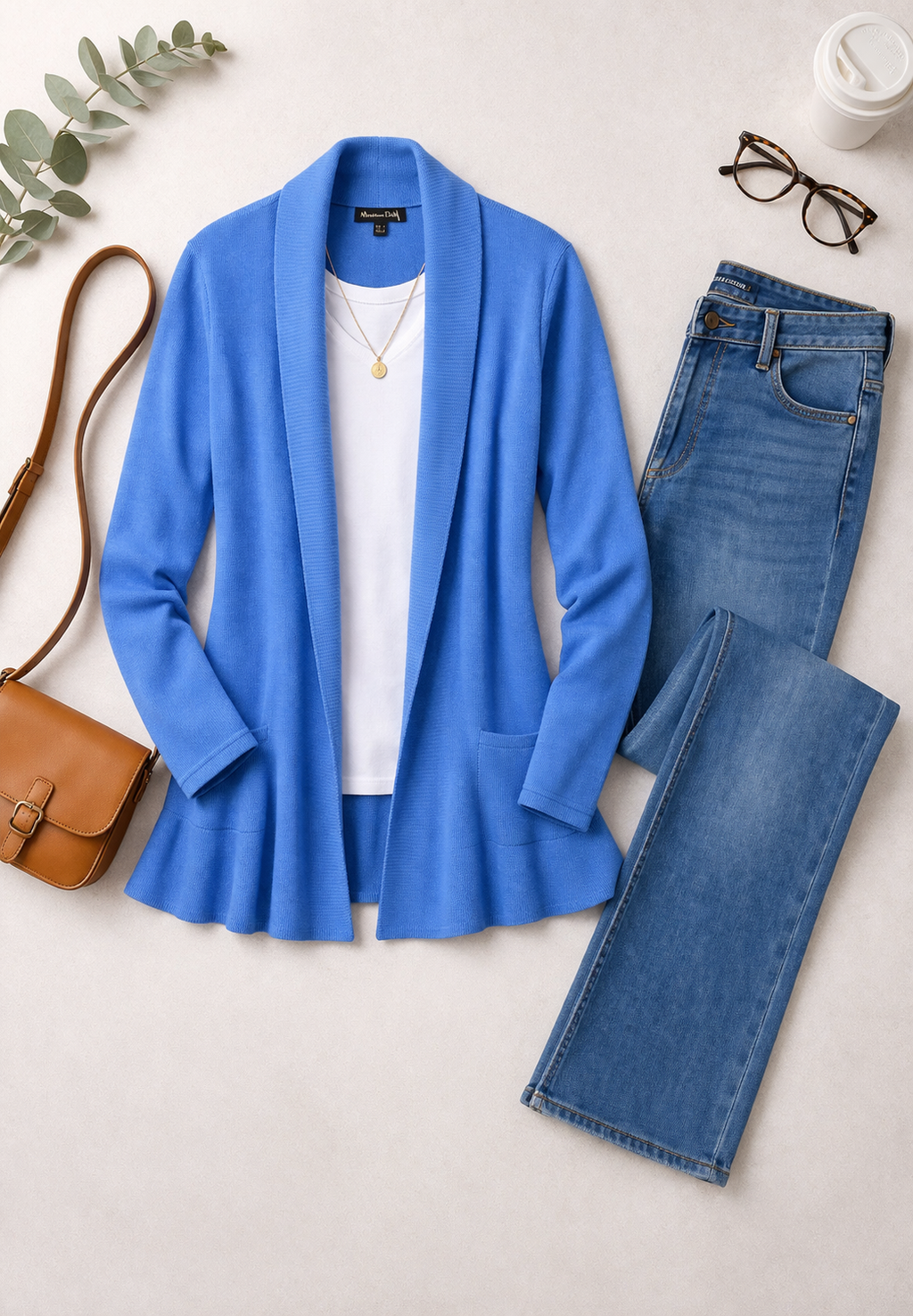 Peplum waist Royal Blue Knit Cardigan | Size L at Blue Sparrow Shop with jeans and purse