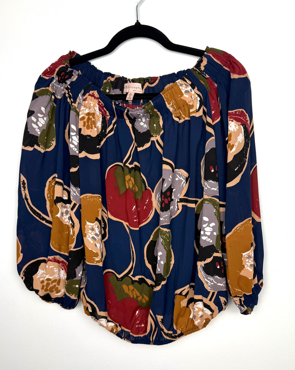 Philosophy Republic blue abstract floral off shoulder blouse front view