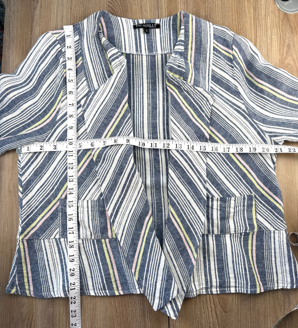 Picadilly Canada linen blend jacket with striped pattern for spring and summer  measuring 42" bust and 22" shoulder to hem 
