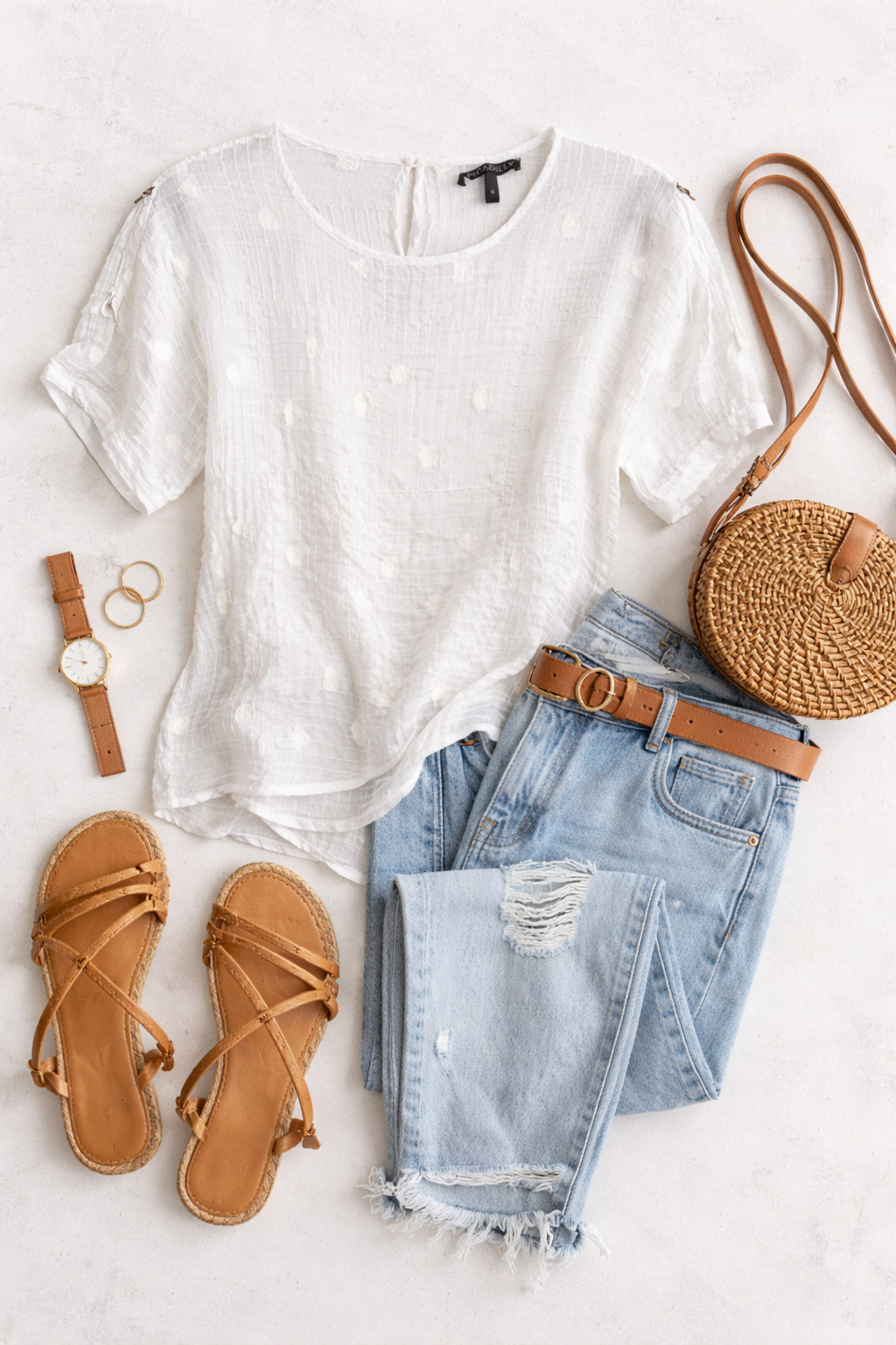 Picadilly_sheer_tunic_top_at_Blue_Sparrow_Shop_Canada_resale in flatlay with purse, jeans, sandals